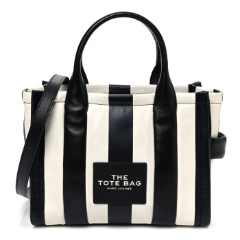 MARC JACOBS Calfskin Striped Small The Traveler Tote Bag Black White