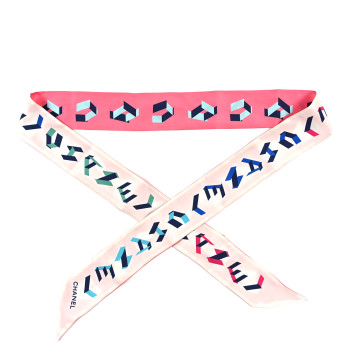 CHANEL Silk Logo Slim Bandeau Scarf Ecru Pink