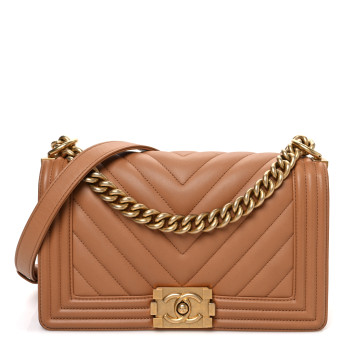 CHANEL Calfskin Chevron Quilted Medium Boy Flap Beige