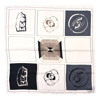 CHANEL Silk Camellia Jacket Flower Print Scarf Dark White