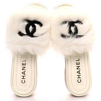 CHANEL Shearling Lambskin CC Mules Sandal 38 White Black
