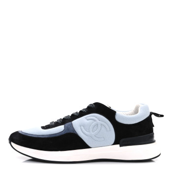 CHANEL Suede Calfskin Fabric CC Sneakers 39 Light Blue Black