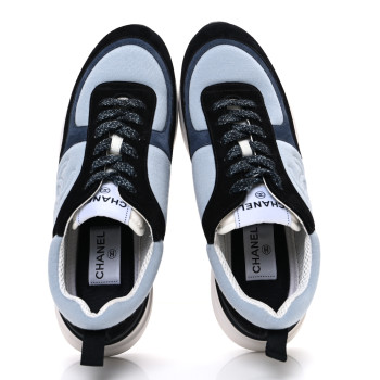 CHANEL Suede Calfskin Fabric CC Sneakers 39 Light Blue Black