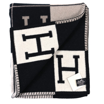 HERMES Wool Cashmere Avalon Blanket Ecru Gris Fonce