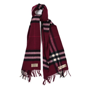 BURBERRY Cashmere House Check Fringe Scarf Dark Pink