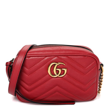 GUCCI Calfskin Matelasse Mini GG Marmont Chain Shoulder Bag Hibiscus Red