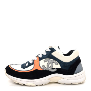 CHANEL Nylon Calfskin Suede CC Womens Sneakers 38.5 Navy White Orange