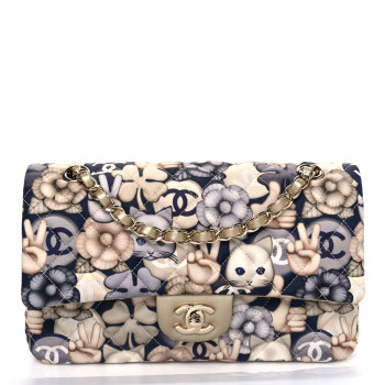CHANEL Nylon Quilted Medium Cat Emoticon Double Flap Navy Grey Ecru