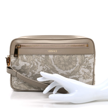 VERSACE Fabric Jacquard Calfskin Barocco Wristlet Pouch Beige