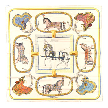 HERMES Silk Grand Apparat Forever Scarf 90 Creme Gold Multicolore