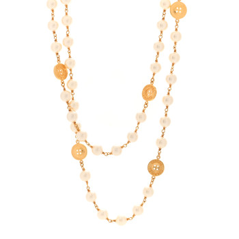 CHANEL Metal Pearl Paris Button Necklace Gold