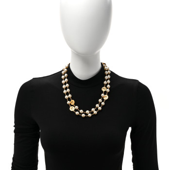 CHANEL Metal Pearl Paris Button Necklace Gold