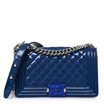 CHANEL Patent Calfskin Quilted Medium Plexiglass Boy Flap Blue