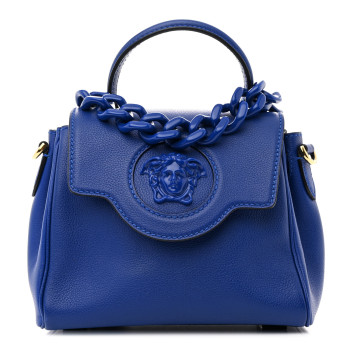 VERSACE Grained Calfskin Small La Medusa Top Handle Bag Lapis