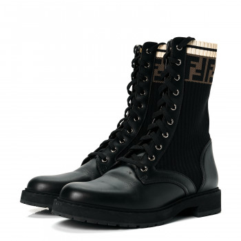 Fendi Calfskin Stretch Fabric Rockoko Biker Boots 40 Tobacco Black Marino